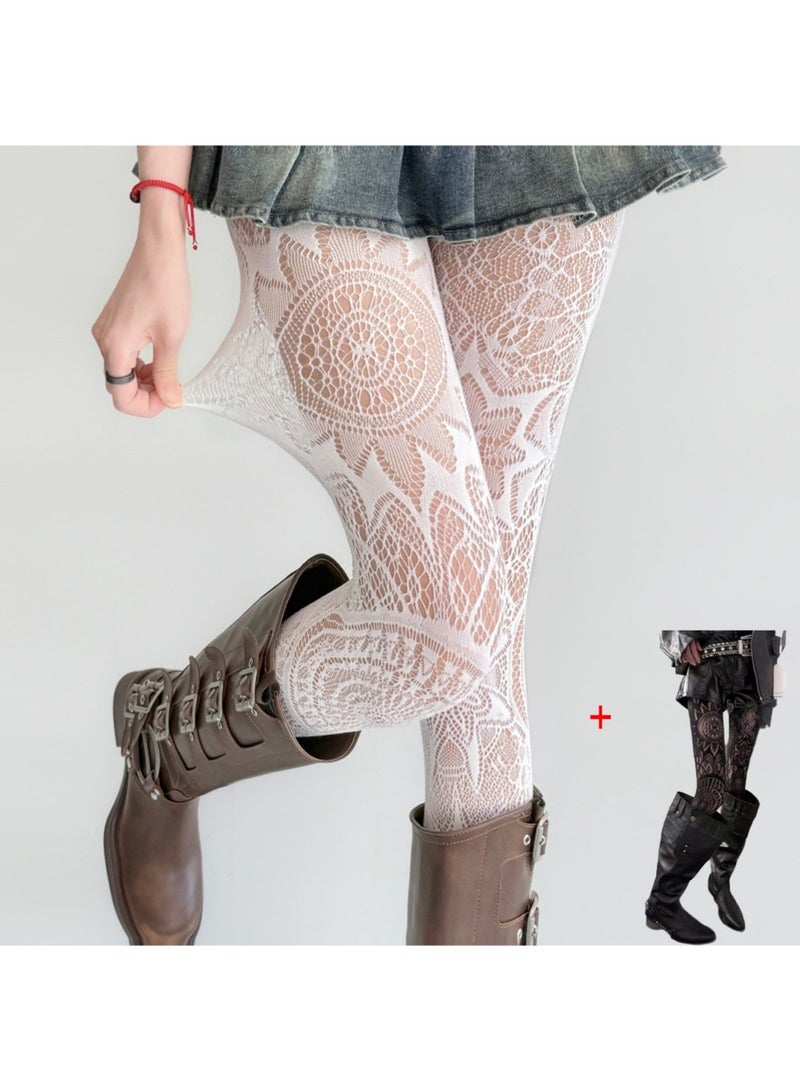 يوجي 2 قطعة جوارب شبكية - جوارب شفافة مع تفاصيل شبكية شفافة وجنابيات عالية (مقاس 20/ D) لحفلات، نوادي، فساتين/تنانير - تغطية كاملة للساق بأناقة وراحة (أبيض + أسود) - Image 1